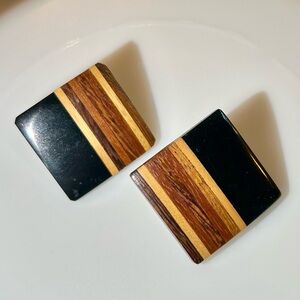 Vintage 90s Wood Inlay Square Post Earrings